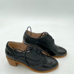 FOWT Women's Perforated Lace-Up Oxfords Almond Toe Mid Chunky Heel Brogues